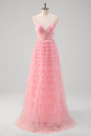 Pink A Line Spaghetti Straps Tulle Tiered Long Formal Dress